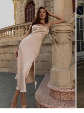 Selfie Leslie-Well Versed Pleated Bust Front Split Dress Champagne